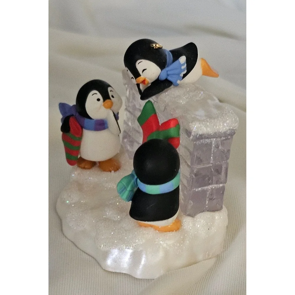 2010 Hallmark Keepsake Penguin Chimney Christmas Ornament Glitter Base Festive